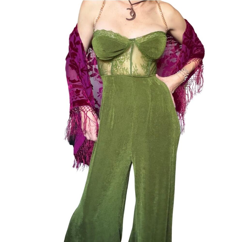 NWT Cider Olive Lace Jumpsuit, Fairycore Wide Leg Romper, Woodland Witch Outfit - Picture 2 of 5